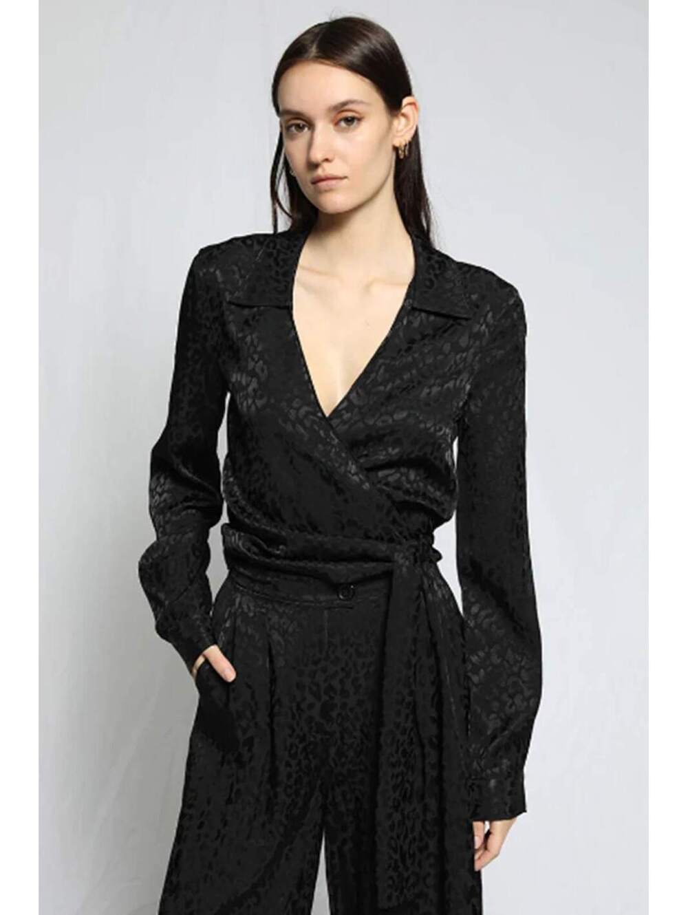 NWT The Range Black Leopard Satin Jacquard Wrap Shirt Top Size S